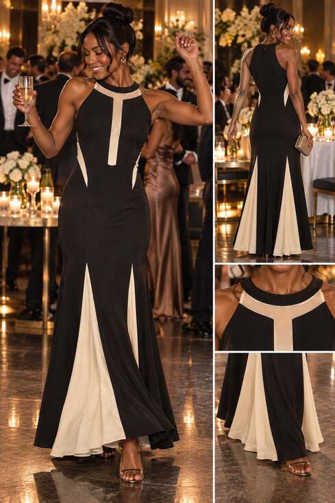 Xscape Dresses & Skirts - Xscape Illusion Halter Gown Size 8 Black Nude Long Formal Dress